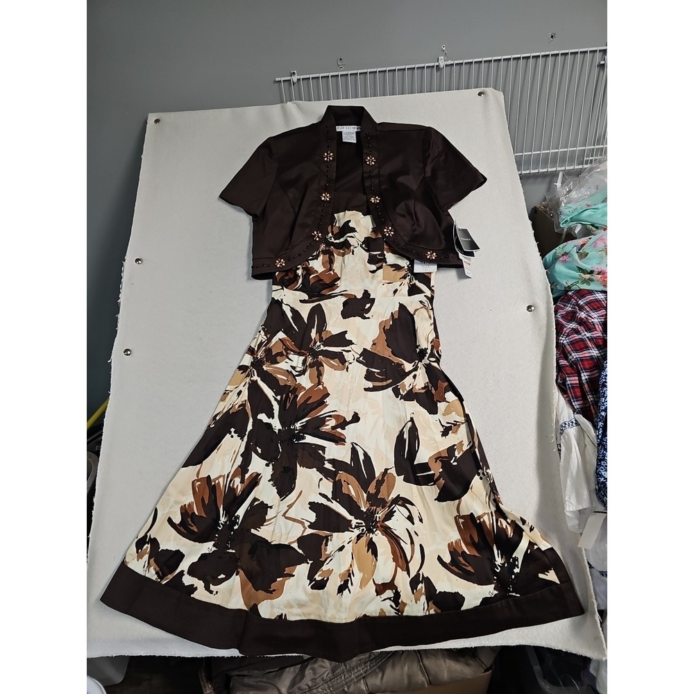 Madison Leigh Womens 8 Dress Set 2 Piece Brown Art Deco Midi Bolero Jacket New